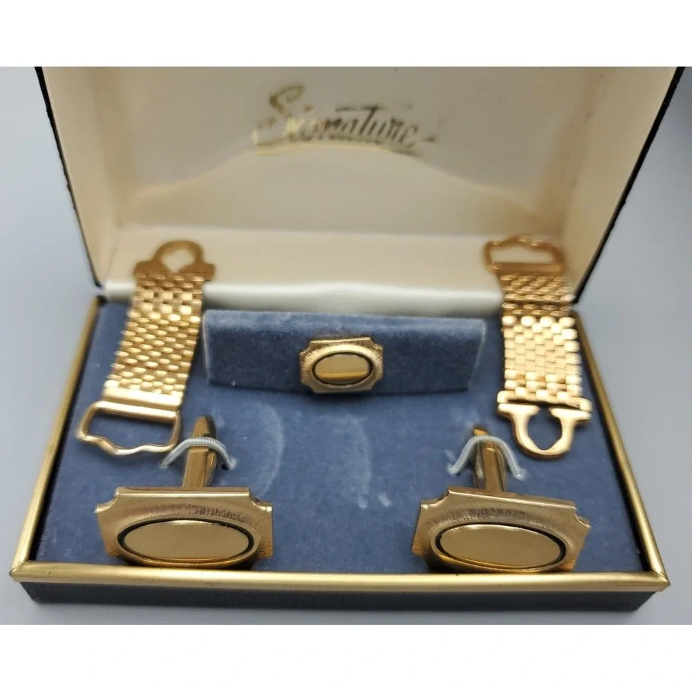 Vintage Signature 5 Piece Mesh Wrap Cuff Links Tie Tack Gold Toned Men's Jewelry